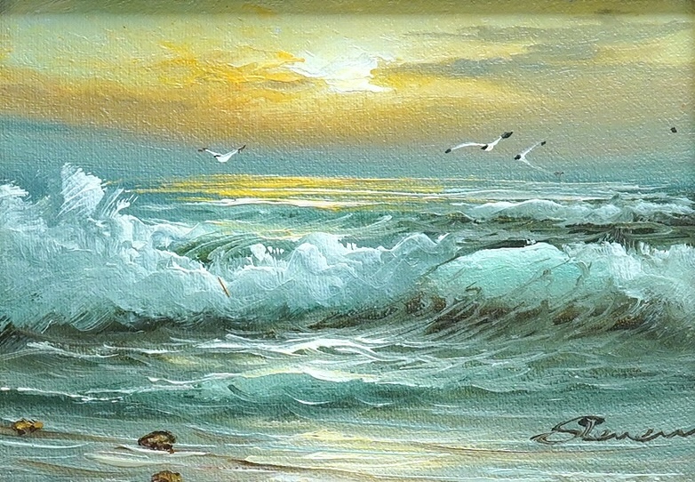 Stevens, Contemporary oil on canvas board, Seascape with crashing waves, signed, 11 x 16.5cm, ornate gilt framed. Condition - good